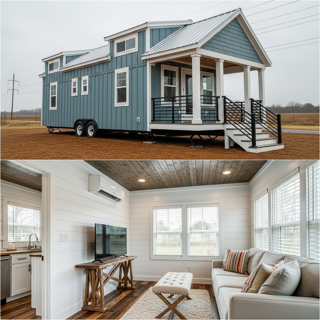 A modern tiny blue house on wheels with a white porch, and cozy interior featuring a sofa, TV, wood accents, and large windows with natural light.