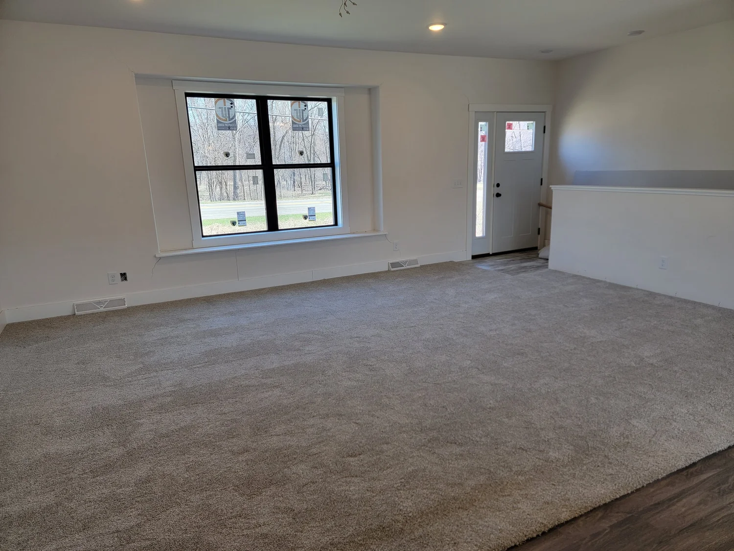 Spacious, carpeted room with white walls, a large window, and a glass-paneled door. Bright, minimalistic, and inviting atmosphere.