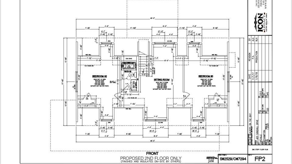 Floor plan of a proposed second floor, showing two labeled bedrooms and a sitting room. Detailed with dimensions, door placements, and a staircase.