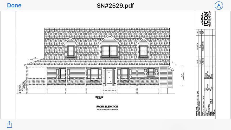Architectural blueprint of a two-story house front elevation, featuring three dormer windows, a large shingle roof, and a wraparound porch.