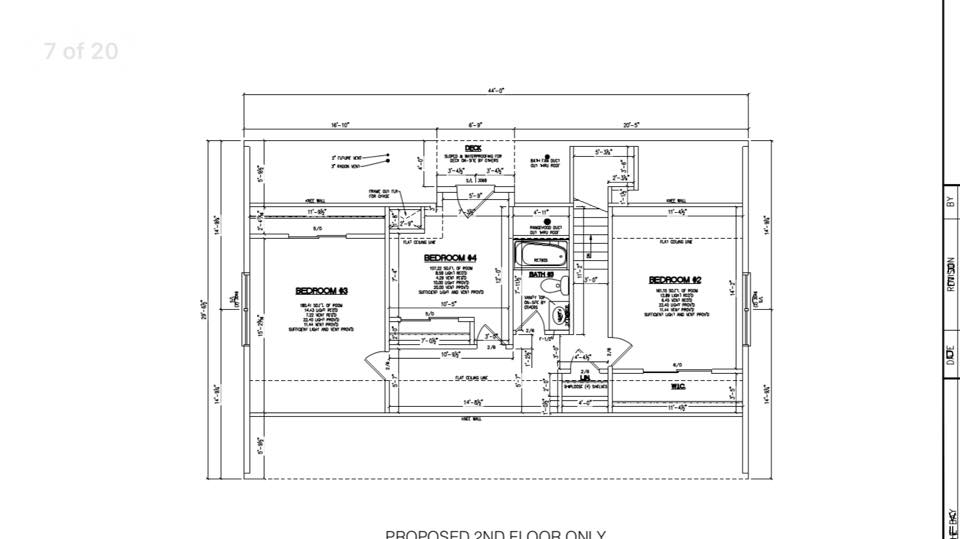 Blueprint of a proposed second floor layout, featuring three labeled bedrooms, a bathroom, and hallway. Measurements and notes are detailed throughout.