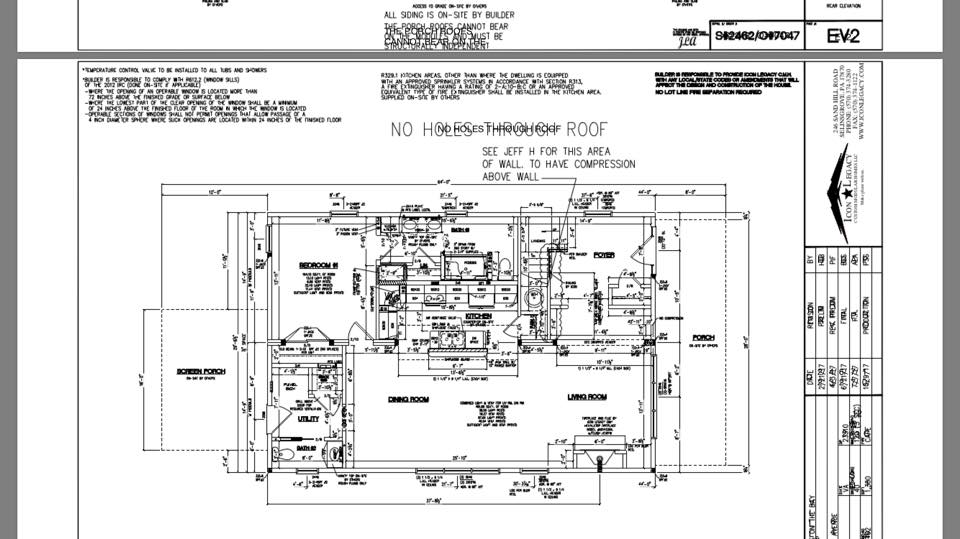 Blueprint of a residential building floor plan, showcasing rooms like kitchen, living room, bedrooms, and porch with detailed measurements and annotations.