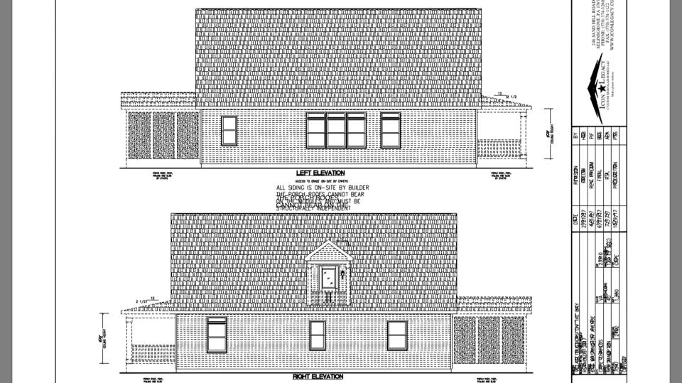 Architectural blueprint showing left and right elevations of a house. Features include detailed roofing, windows, and dimensions, conveying a technical tone.