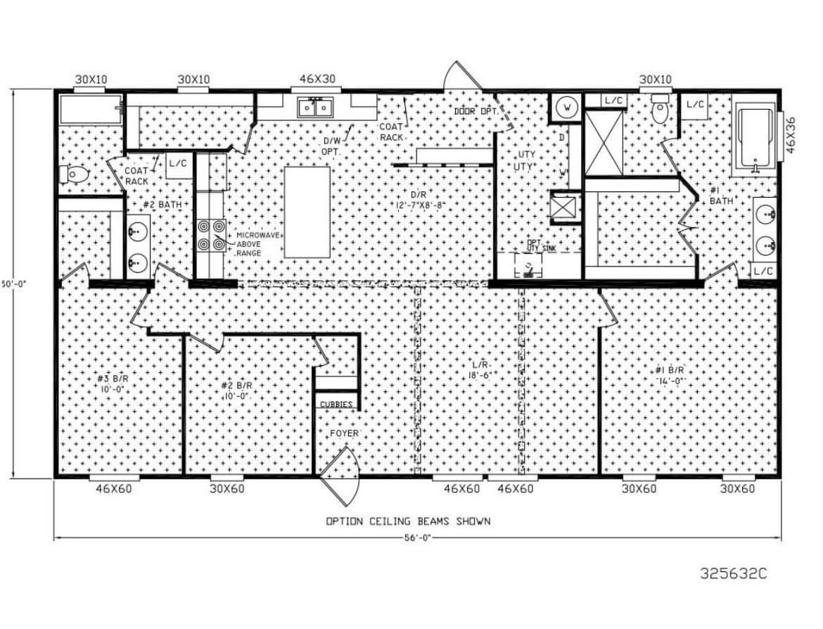 Floor plan layout showing three bedrooms, two bathrooms, a kitchen with an island, dining area, utility room, foyer, and living room.