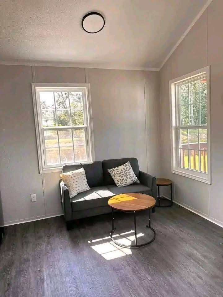A cozy room with a gray sofa adorned with patterned cushions is bathed in sunlight. Two windows brighten the space, enhancing the minimalist decor.