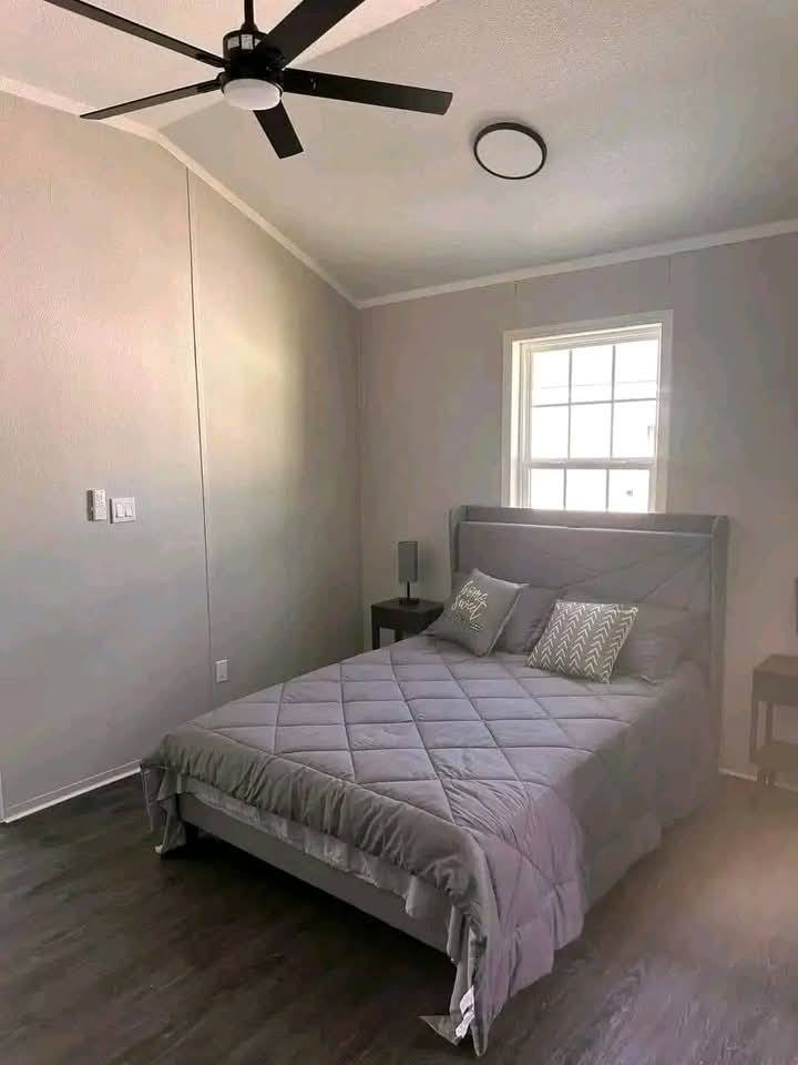 Minimalist bedroom with a cozy gray bedspread, two patterned pillows, a side table with a lamp, and a window. Neutral tones and natural light create a serene atmosphere. Ceiling fan and wood flooring add modern touches.