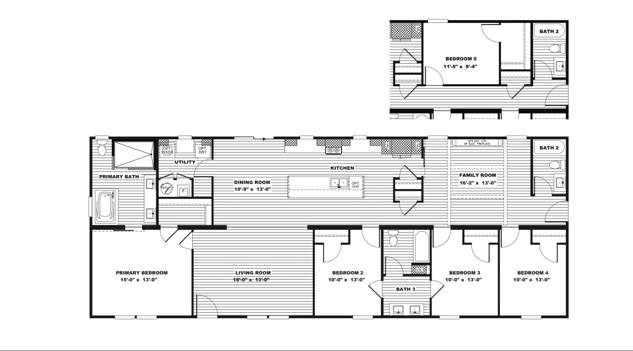 Floor plan showing a single-story house layout, featuring five bedrooms and three bathrooms. Central areas include a kitchen, dining, and living room.