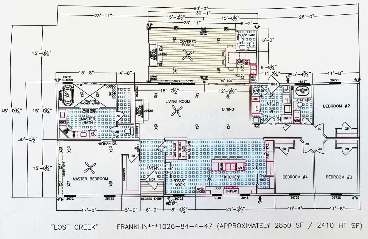 Architectural floor plan labeled "Lost Creek" shows a single-story layout with four bedrooms, a living room, kitchen, dining area, and covered porch. Image for illustrative purposes.