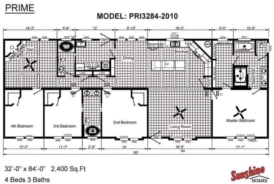 Floor plan layout for a 2,400 sq. ft. home, featuring four bedrooms, three bathrooms, kitchen, living room, den, and dining area. Labeled "Sunshine Homes."