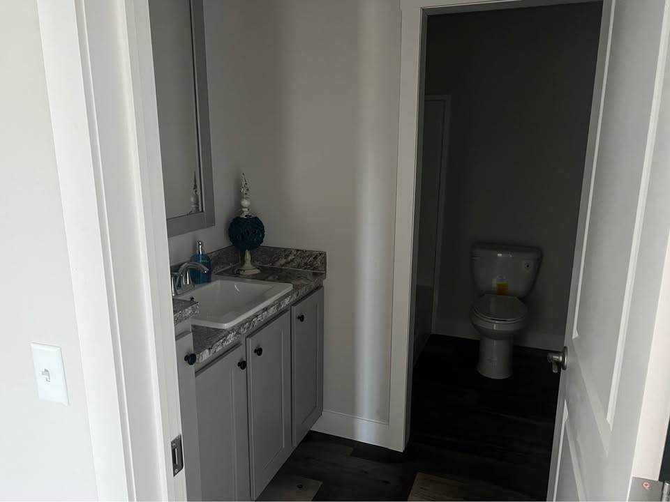 Small bathroom with a sink, gray cabinets, and a granite countertop on the left. A toilet is visible through an open door on the right. The decor is minimal.