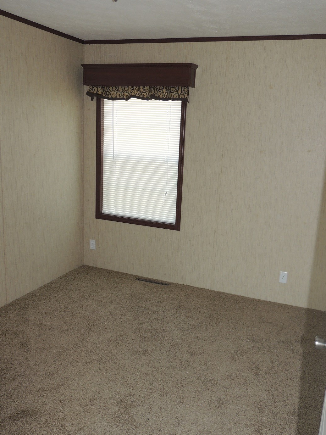 Empty room with beige carpet and walls, featuring a single window with blinds and a decorative valance. The space is simple and unadorned.