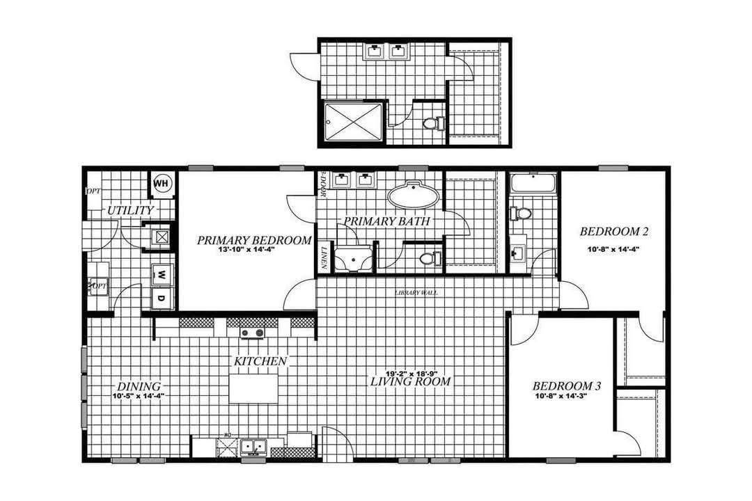 Floor plan of a house featuring three bedrooms, a primary bathroom, utility room, kitchen, dining area, and living room with labeled dimensions.