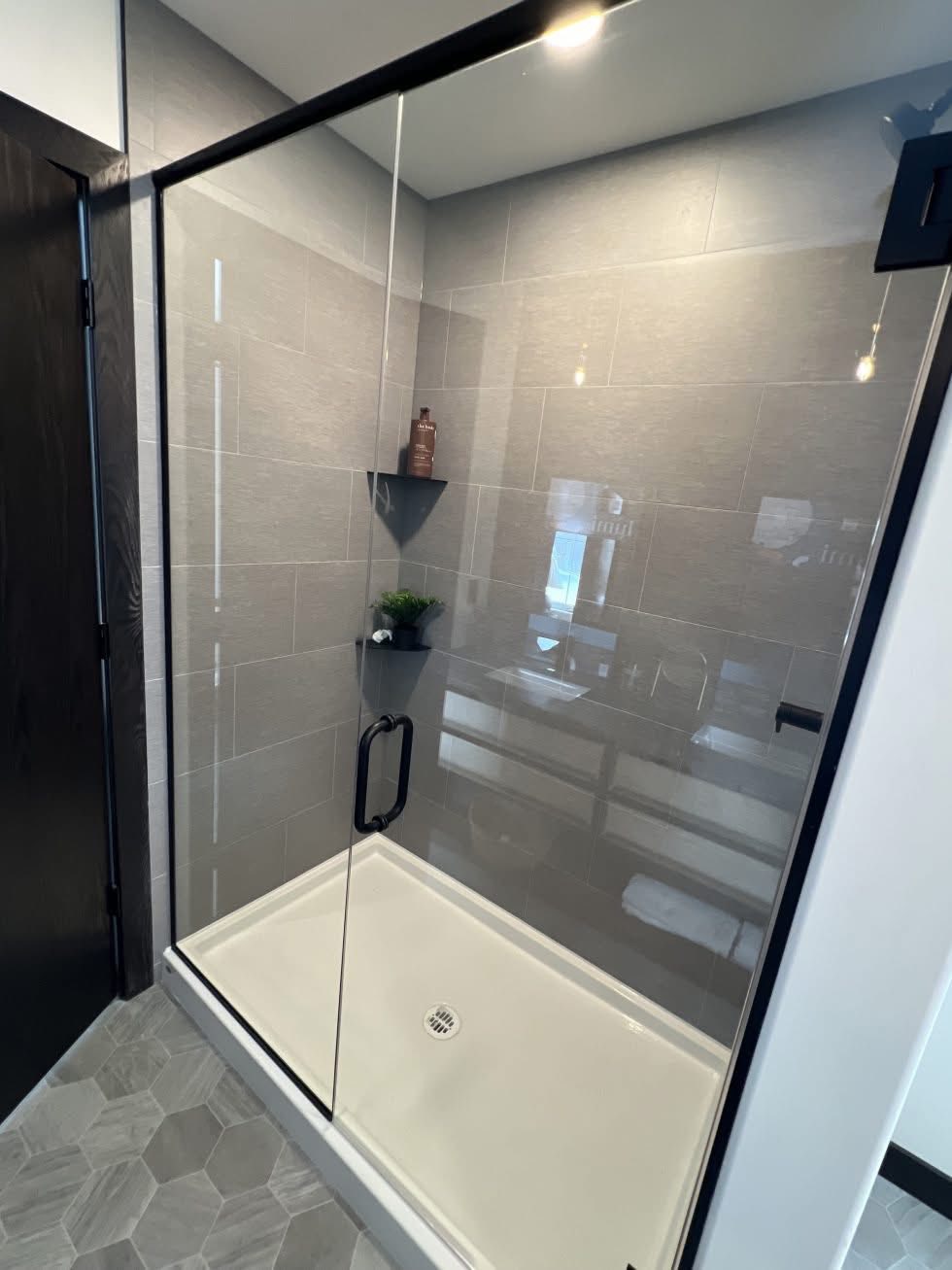 Modern bathroom with a glass shower enclosure, black frame, and gray tiled walls. Minimalist shelves hold a bottle and small plant, creating a sleek and clean appearance.