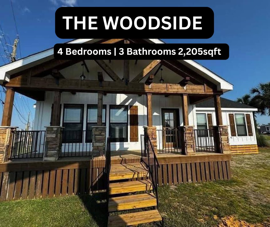A modern white house with wooden accents features a spacious porch with railings. Text reads "The Woodside: 4 Bedrooms, 3 Bathrooms, 2,205 sqft."