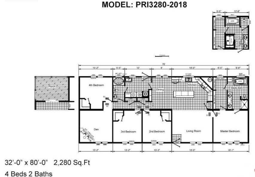 Floor plan labeled "Model: PRI3280-2018" features four bedrooms, two baths, a kitchen, dining area, living room, den, and porch. Measures 32' x 80' (2,280 sq ft).