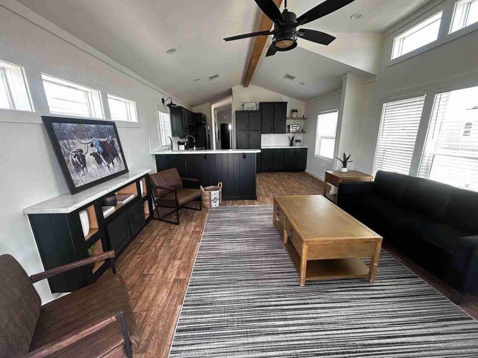 Modern living room with vaulted ceilings, featuring wood floors, a black sofa, wooden coffee table, and black cabinets in kitchen. Striped rug and animal painting add style. Cozy atmosphere.