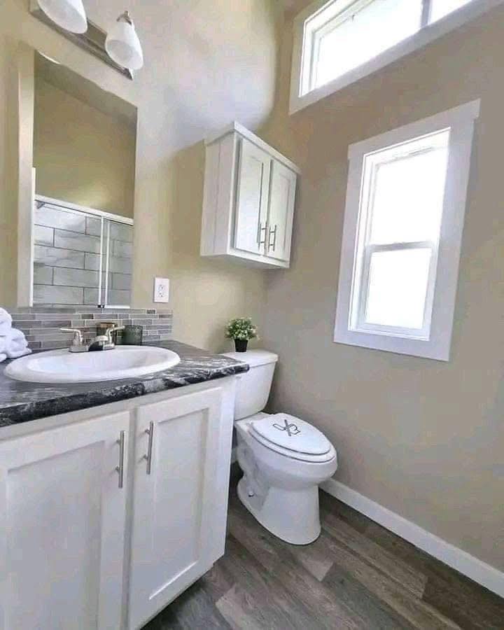 Small modern bathroom with white cabinets, marble countertop, and a sink. A toilet with a decorative lid, a small plant, and natural light from two windows.