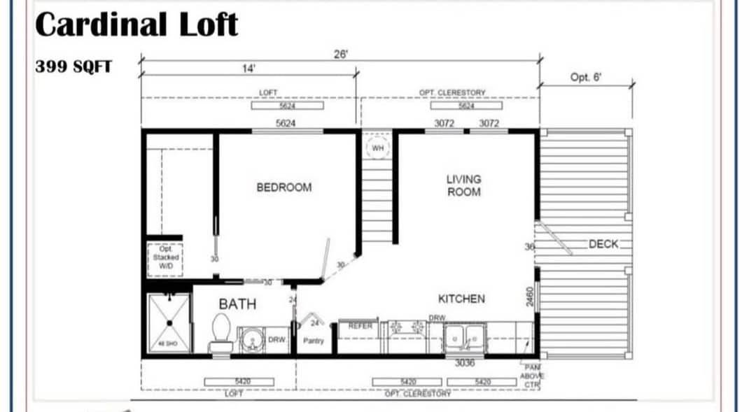 Floor plan for Cardinal Loft, 399 SQFT. Features a bedroom, bath, living room, kitchen, and deck. Clear layout with labeled dimensions.