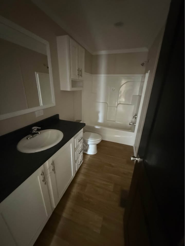 A dimly lit bathroom with a wood floor features a white sink and countertop on the left, a toilet, and a bathtub with shower on the right.