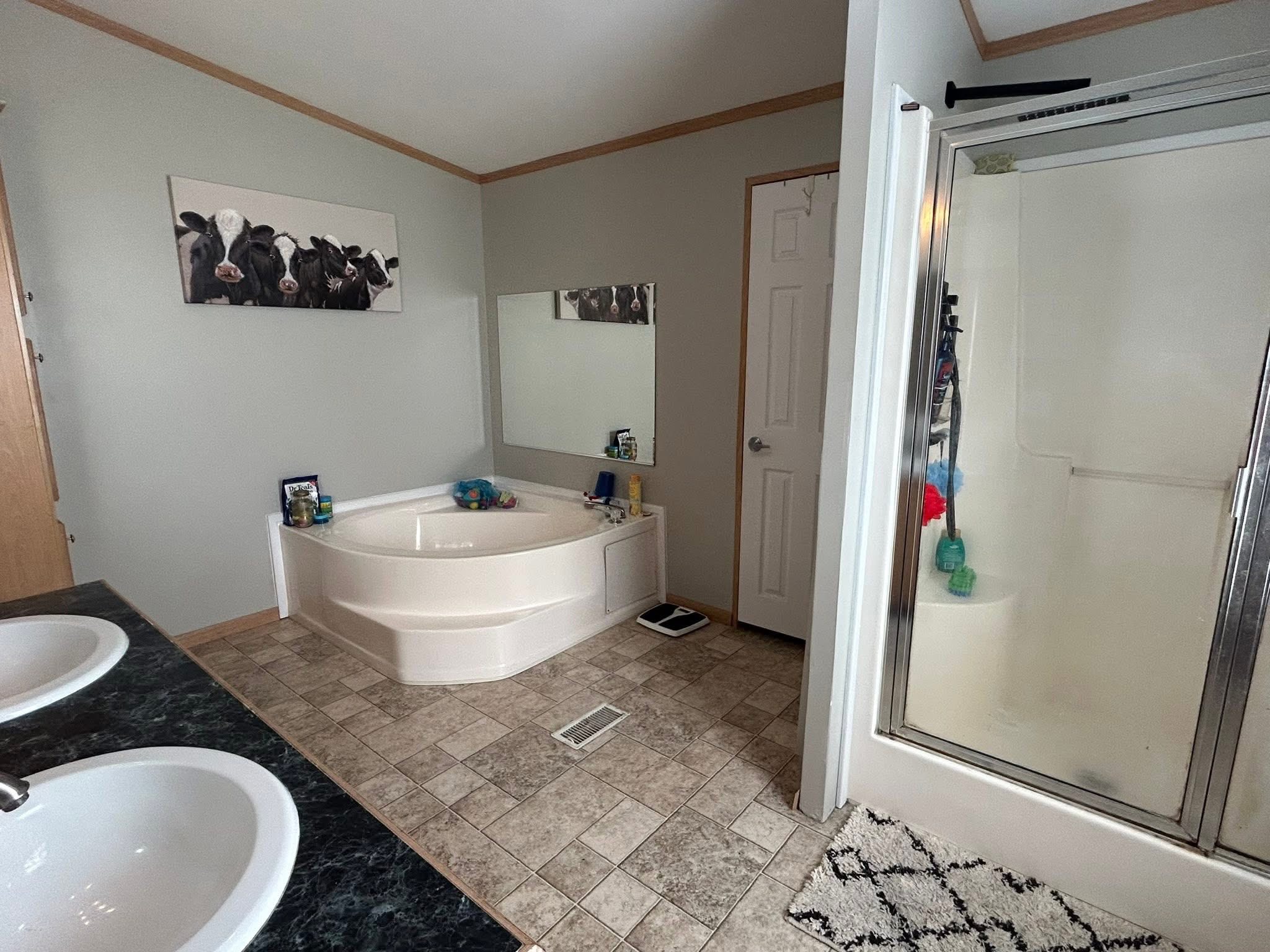 Spacious bathroom with corner bathtub, framed cow art above. Double sink on left, glass shower on right. Neutral tones, tidy and modern ambiance.