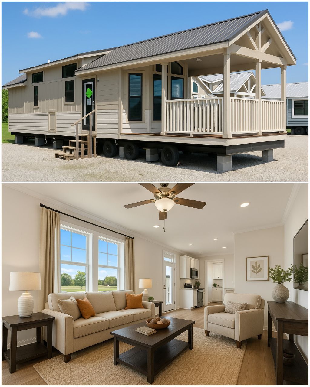 Exterior and interior of a tiny home: The top image shows a beige mobile tiny house with a porch. The bottom image displays a cozy, modern living room with neutral decor and large windows.