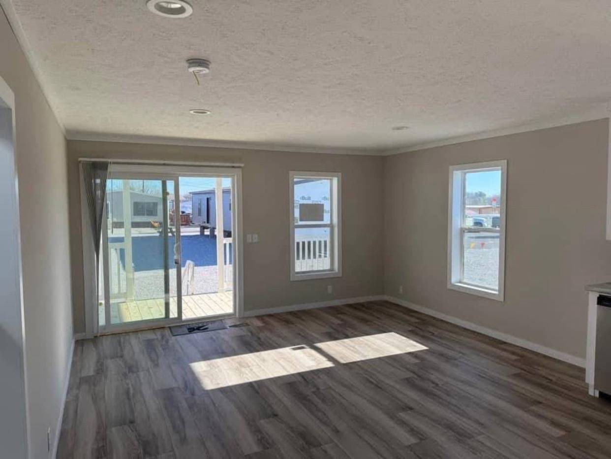 Bright, empty living room with light wood flooring, large sliding glass door, and two windows. Sunlight streams in, creating a warm, inviting space.