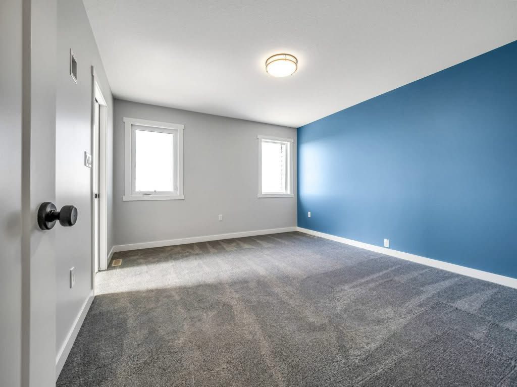 Spacious, empty room with gray carpet, one light gray wall with windows, and a bold blue accent wall. Ceiling light fixture adds a modern touch.