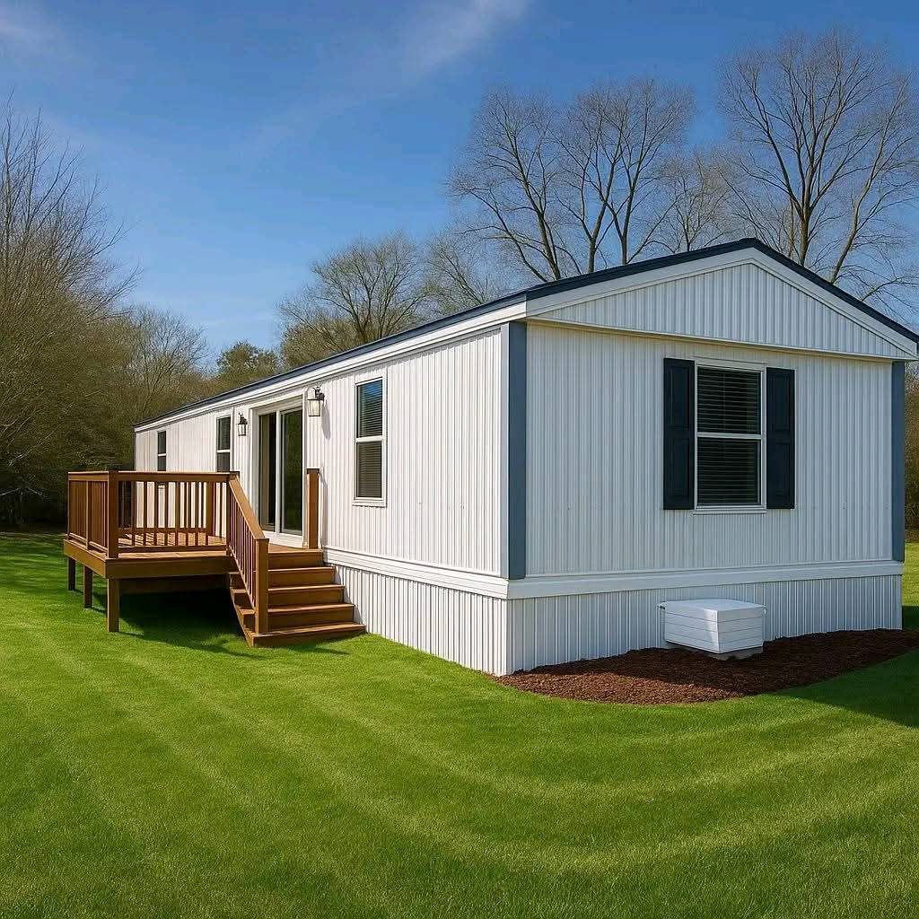 A small white mobile home with blue shutters and a wooden porch is set on a neatly mowed green lawn. Bare trees are in the background under a clear blue sky.