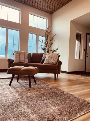 A cozy living room with a brown sofa, plaid pillows, and a matching ottoman on a patterned rug. Large windows let in soft natural light, creating a serene atmosphere.