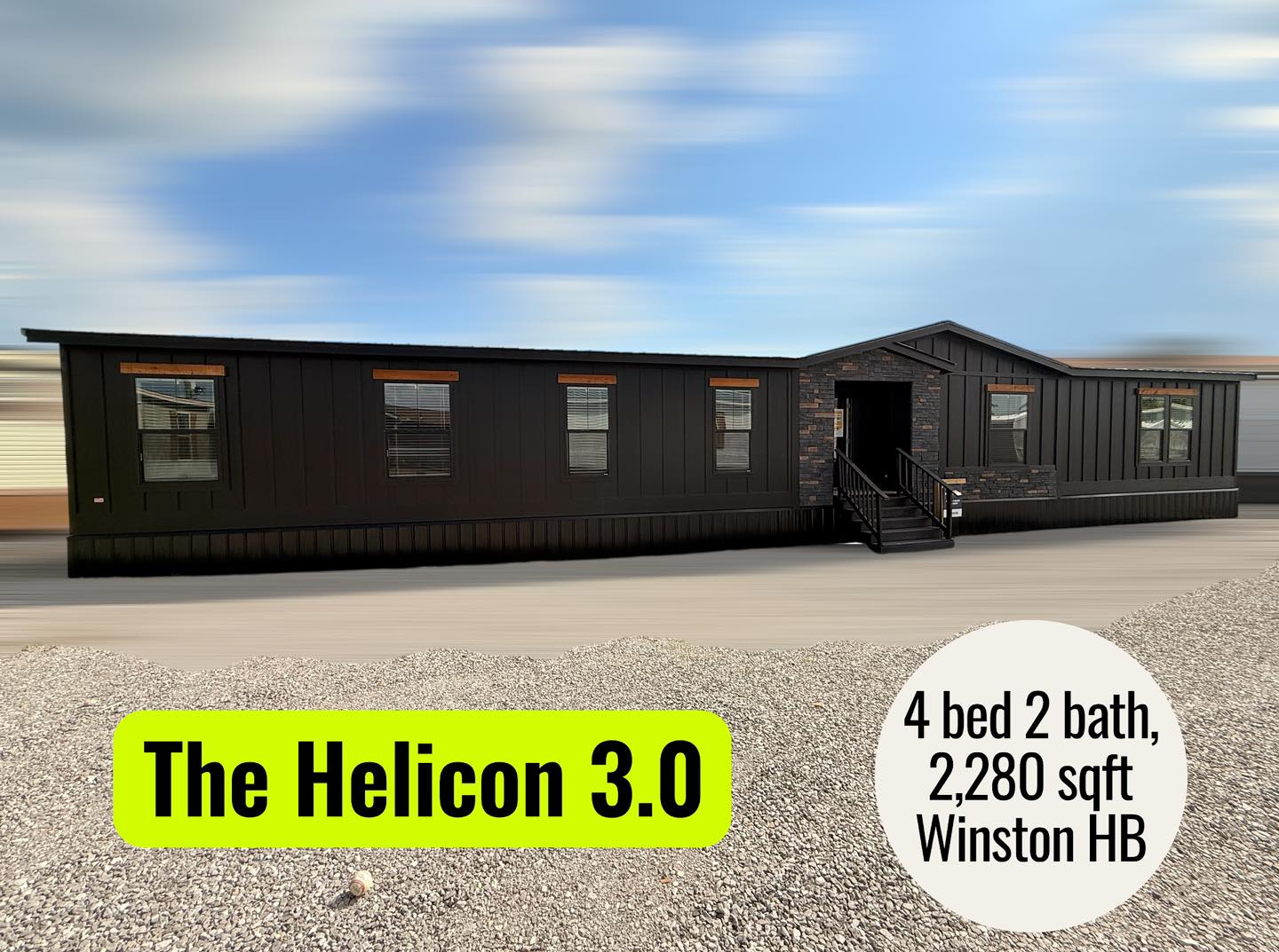 A modern, dark-themed mobile home with multiple windows against a blue sky. Text: "The Helicon 3.0, 4 bed 2 bath, 2,280 sqft, Winston HB."