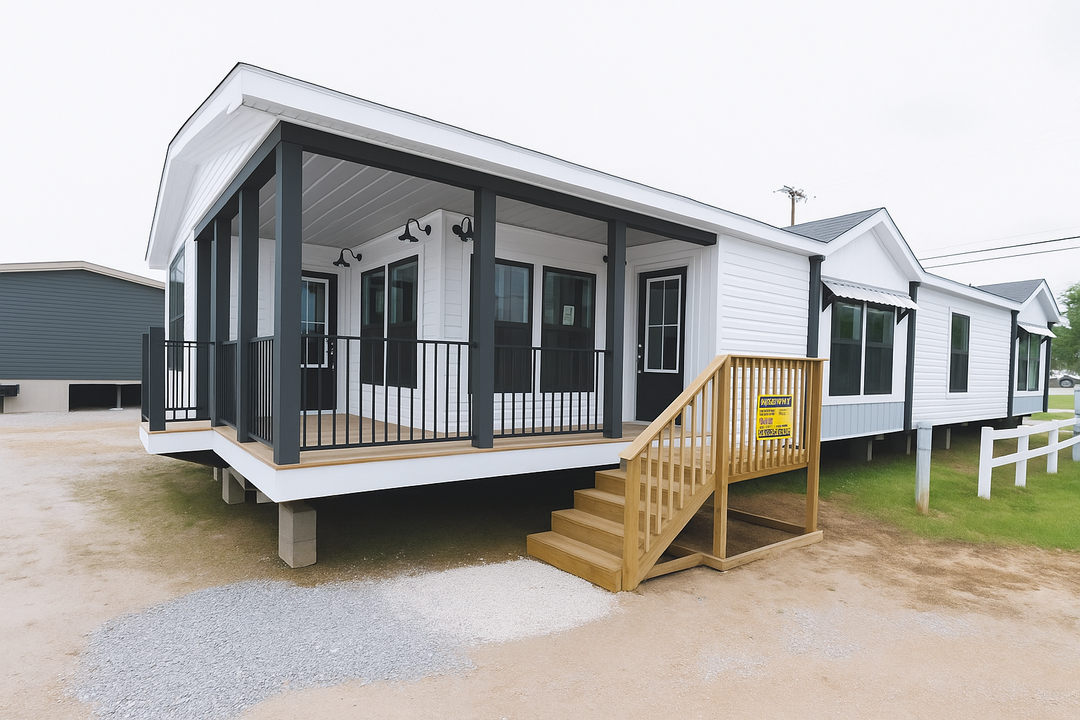 A modern, white manufactured home with a black-trimmed porch and wooden steps on a gravel lot. It conveys a clean, contemporary feel.