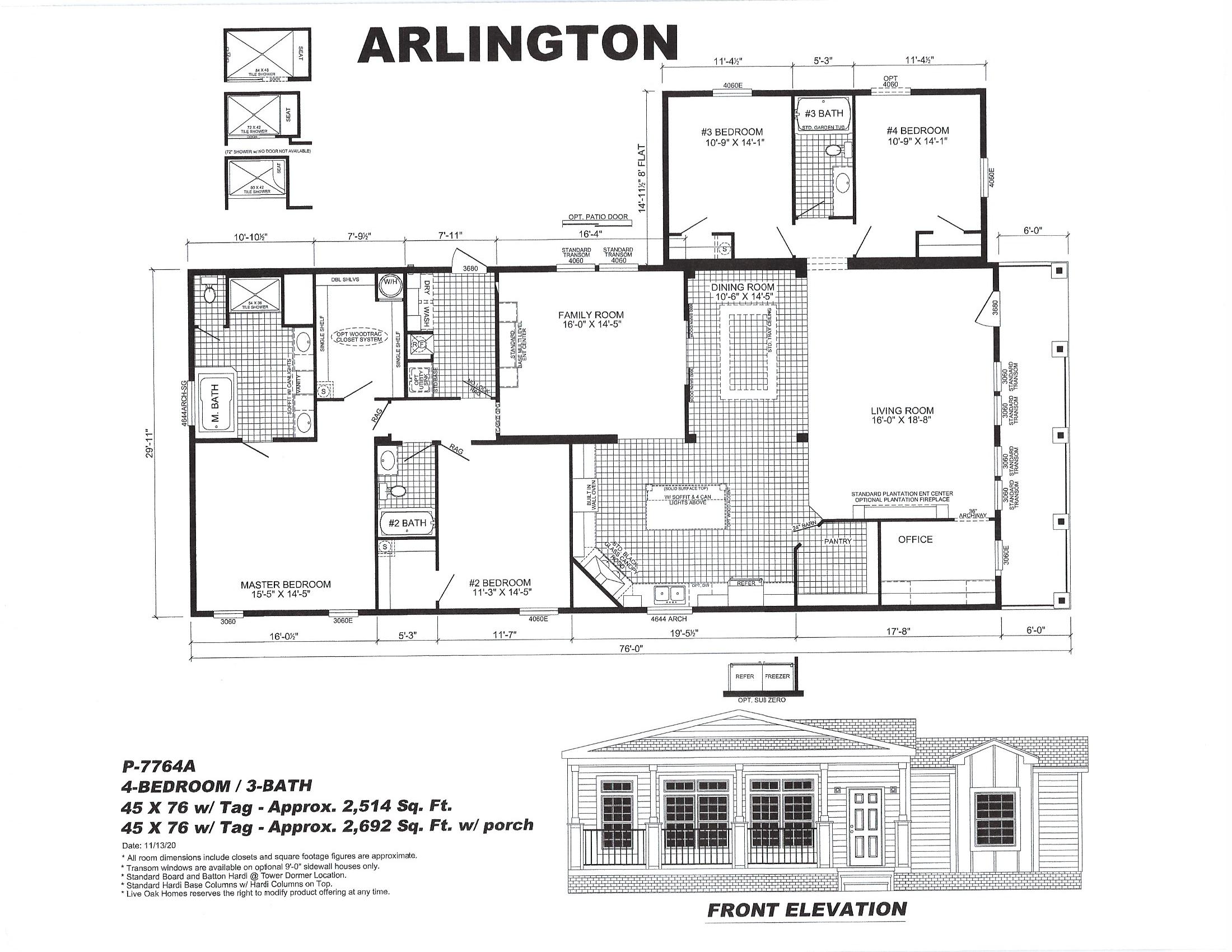 Floor plan labeled "Arlington," showing a four-bedroom, three-bath layout with family, dining, and living rooms, plus an office. Includes a front elevation sketch, approximately 2,514 square feet.