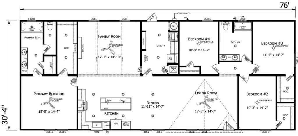 Floor plan of a 76' by 30' house layout. Features include a kitchen, dining, living, and family room, four bedrooms, two baths, and utility space.