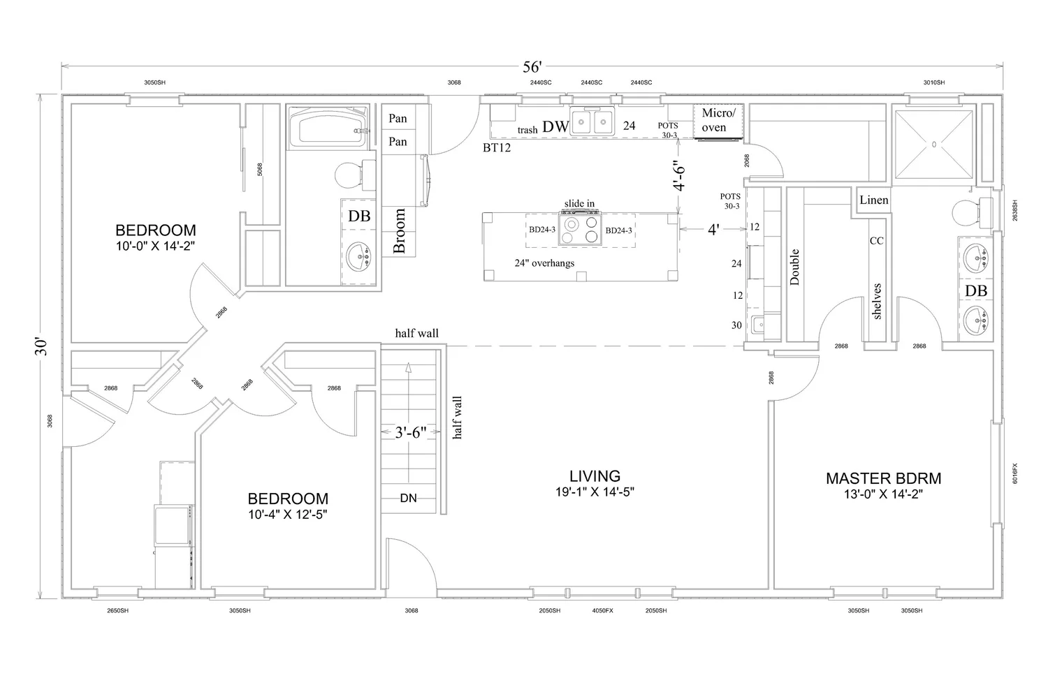 Floor plan of a house measuring 56x30 feet. It includes a living room, kitchen, two bedrooms, a master bedroom, and a bathroom. Key elements like doors, walls, and measurements are labeled clearly.