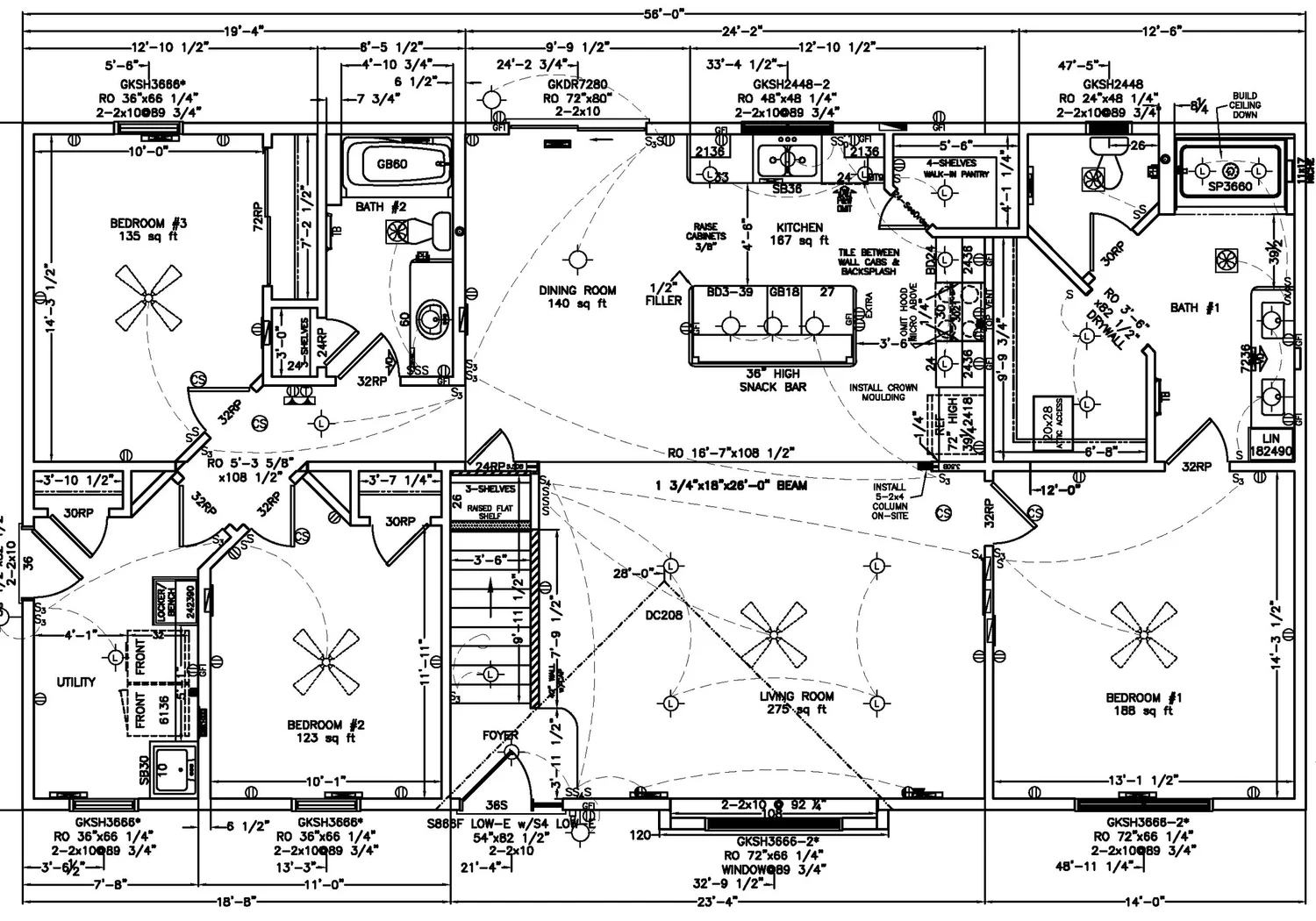Architectural floor plan showing layout of a home with three bedrooms, two bathrooms, kitchen, dining, living room, and utility area. Detailed measurements and annotations included throughout the plan.
