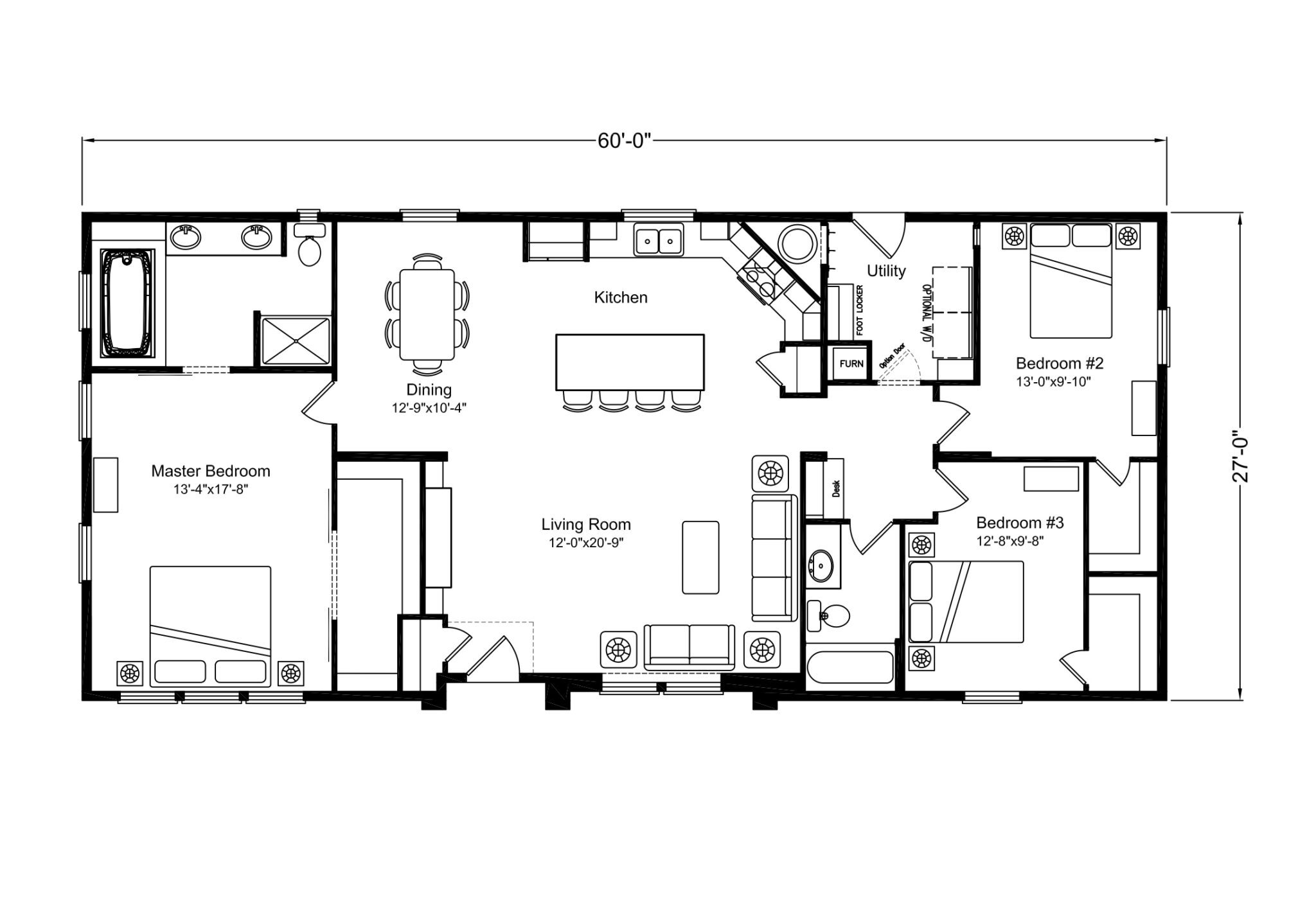 Floor plan of a single-story house. Includes a living room, kitchen, dining area, utility room, master bedroom with ensuite, and two additional bedrooms.