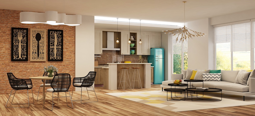 Modern living room and kitchen with a cozy, stylish design. Features a brick accent wall, teal fridge, white cabinets, wooden floors, and plush seating.