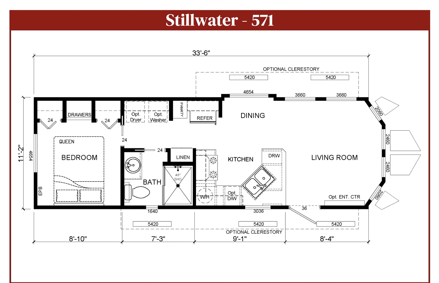 Floor plan for "Stillwater - 571" cottage. Includes a bedroom, bathroom, kitchen, dining, and living room. Dimensions and optional features noted.