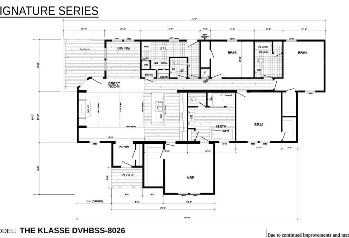 Blueprint of a single-story house labeled "Signature Series." It includes multiple bedrooms, bathrooms, a kitchen, dining area, and porches.
