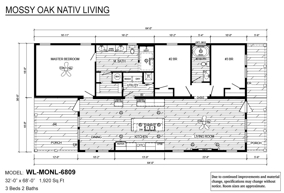 Floor plan of a mobile home model WL-MONL-6809 labeled "Mossy Oak Nativ Living," featuring 3 bedrooms, 2 baths, kitchen, dining, utility room, and porches.