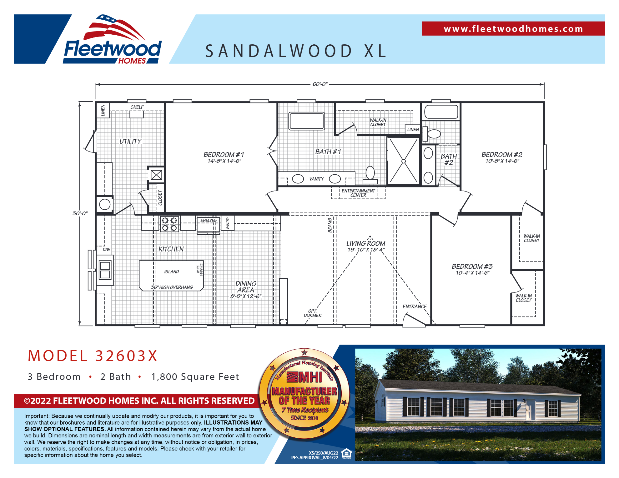 Floor plan of a Fleetwood Homes Sandalwood XL manufactured home, 3 bedrooms, 2 baths, 1800 sq ft. Includes kitchen, dining, living room. Exterior view below.
