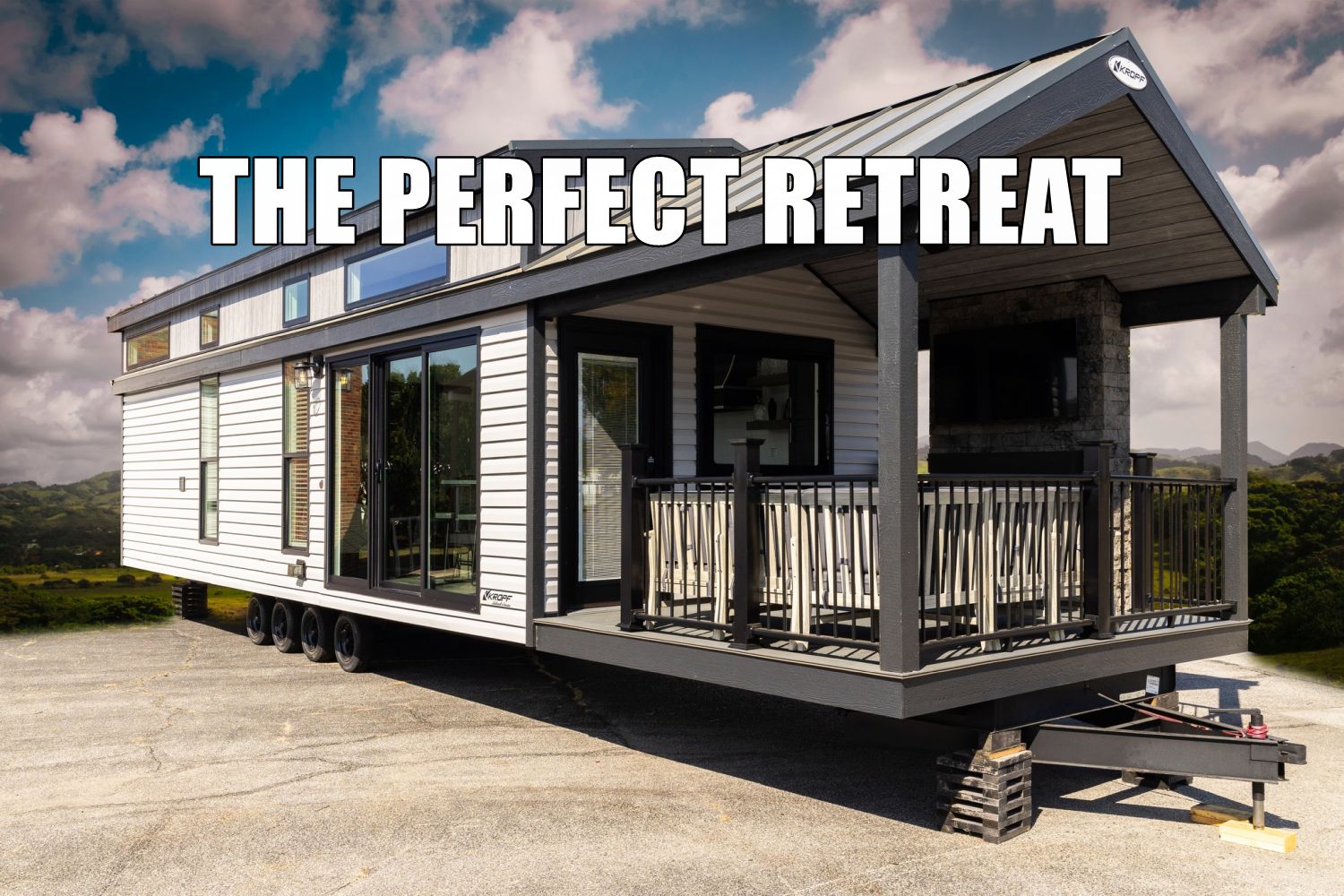 Modern tiny house with sleek siding and large windows, positioned for travel on wheels. "The Perfect Retreat" text overlays; tranquil outdoor setting.