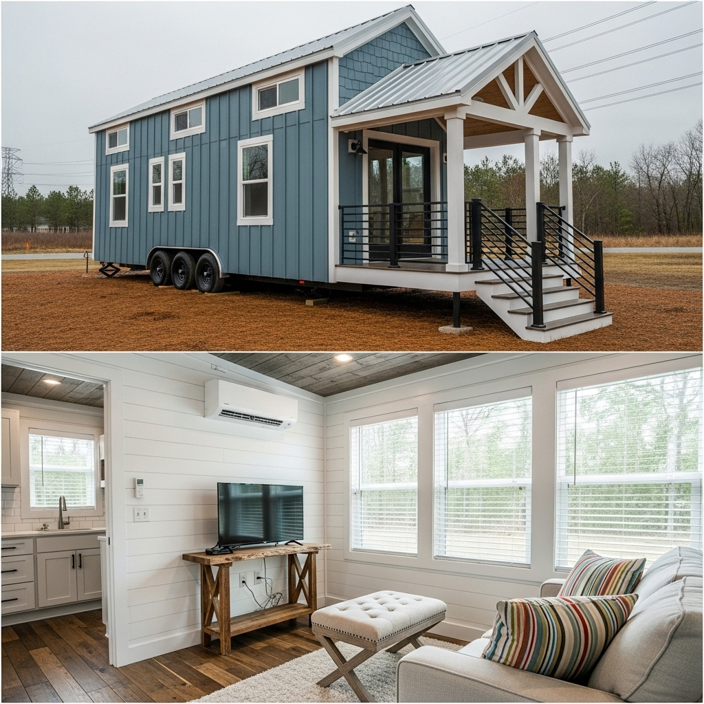 Alt text: A modern tiny house on wheels with blue siding and a white-trimmed porch. The cozy interior features white walls, a sofa, TV, and windows.