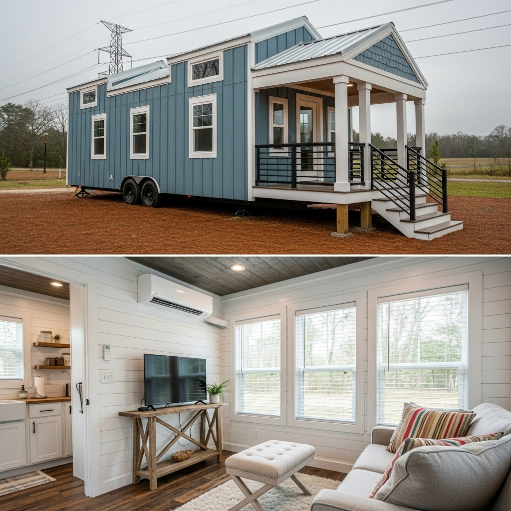 A blue tiny house on wheels with a porch sits outdoors under a cloudy sky. Inside, a cozy living room features a sofa, TV, and large windows.
