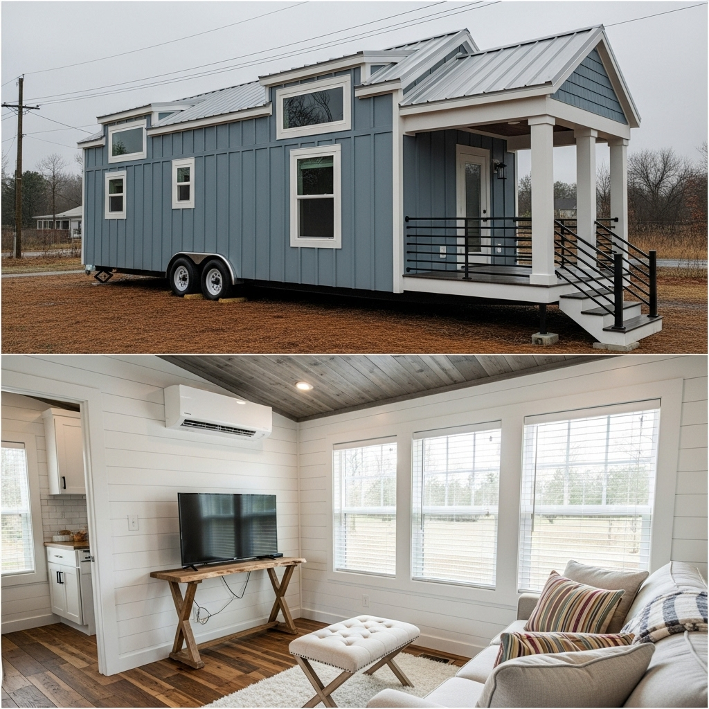 A modern blue tiny house on wheels with white trim and a small porch. Inside, a cozy living area features a white sofa, ottoman, TV, and large windows.