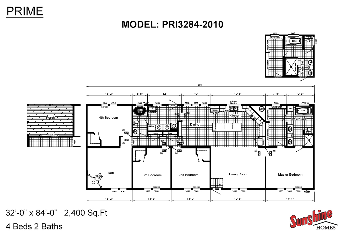 Floor plan of a 4-bedroom, 2-bathroom home labeled 'Model: PRI3284-2010' and 'Prime.' Features include a den, living room, and kitchen. Total area is 2,400 sq ft.
