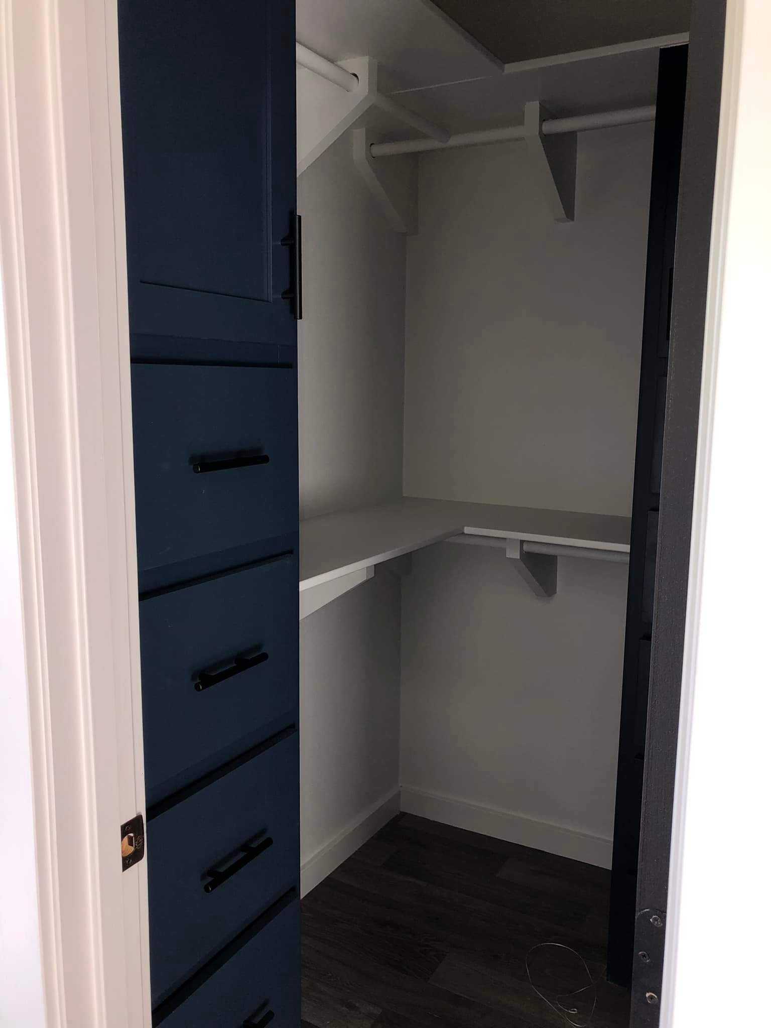 Minimalistic walk-in closet with dark blue shelves on the left, white walls, and clothes rods. Dark wood floor adds contrast. Modern and organized.