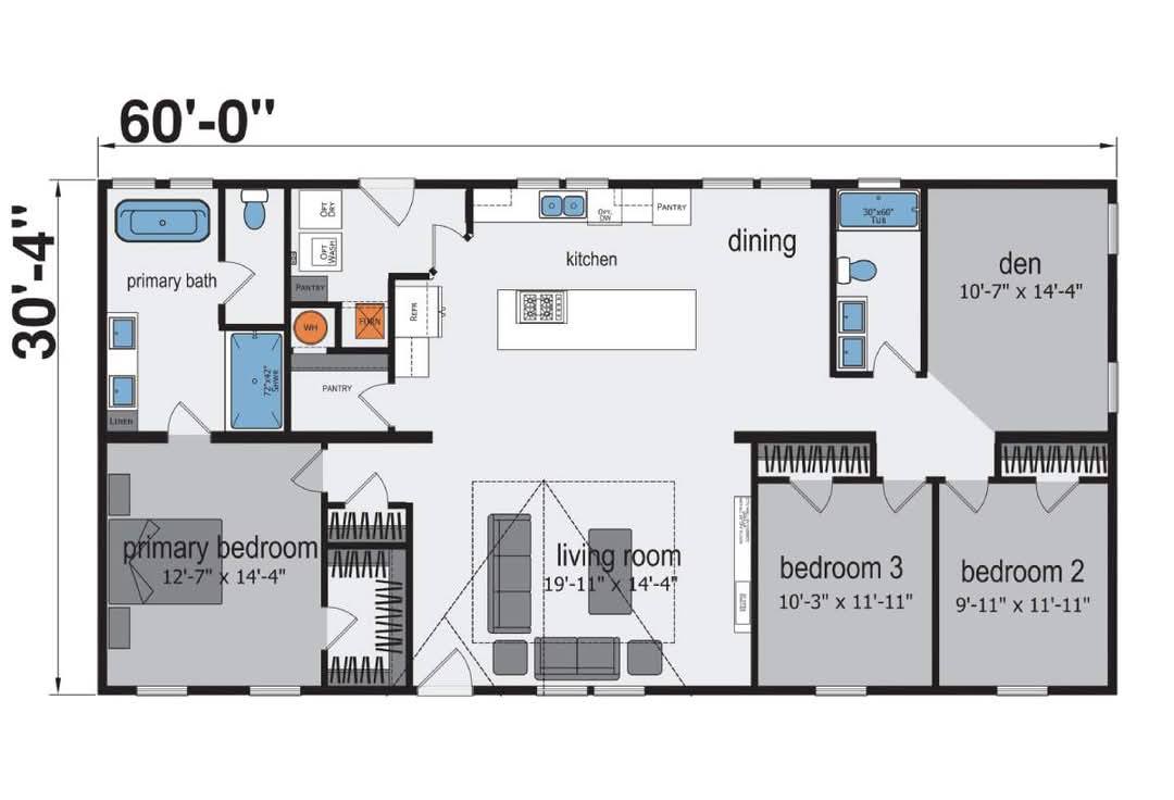 Floor plan of a 60x30 foot house. Rooms include a primary bedroom with bath, two more bedrooms, a den, kitchen, dining, and living room.
