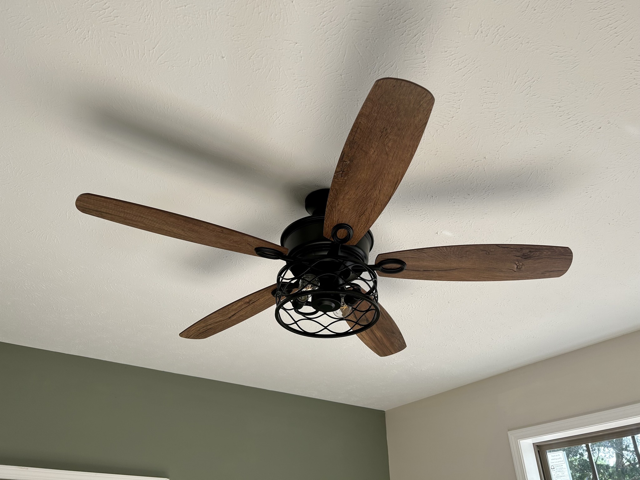 Ceiling fan with five dark wood blades and a black metal cage fixture, set against a white ceiling. A window in a muted green-walled room adds natural light.