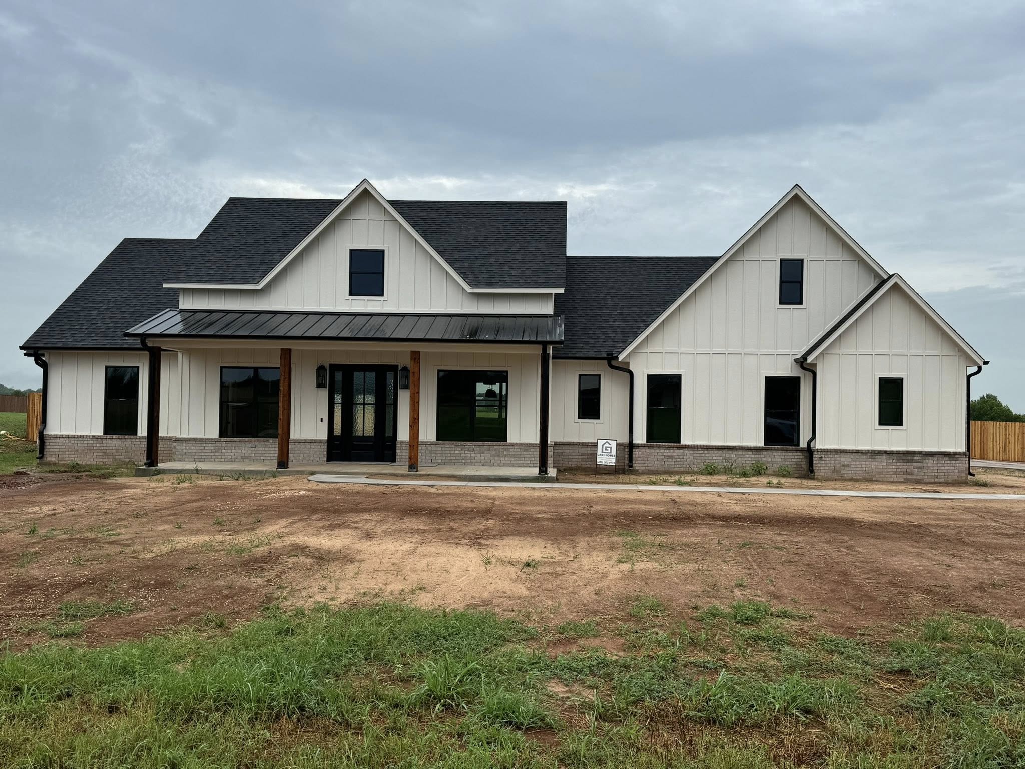 Front view of a new, modern farmhouse with white siding and dark shingles. Large windows and a covered porch add charm against a cloudy sky.